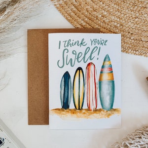 I Think You&#39;re Swell Surfboard card, Summer Greeting Card, Beach Card, Surfboard Card, Paper Goods, Greeting Cards, Beach