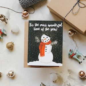 Tarjeta de felicitación navideña de Snowy Snowman, tarjeta de la época más maravillosa del año, tarjeta de vacaciones, muñeco de nieve, tarjeta de felicitación navideña