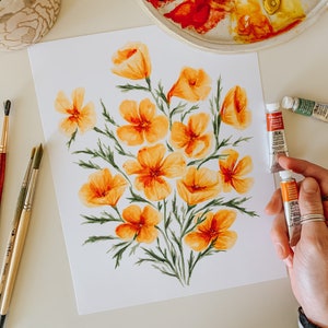 California Poppies Watercolor Print, Flower Botanical Illustration, Poppy Painting, Botanical Home Decor, Floral Wall Art, Spring Decor