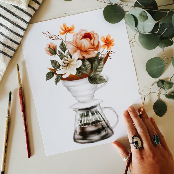 Coffee and Flowers V60 Print, Pour Over Illustration, Coffee Art, Floral Wall Art, Coffee Art Print, Coffee Decor, Coffee Illustration