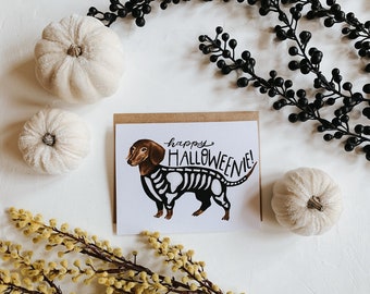 Happy Halloweenie Greetings Card, Dog Costume Card, Weenie Dog, Happy Halloween, Spooky Greetings, Dog, Halloween, Paper, Greeting Card