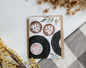 Coffee and Vinyl Record Greeting Card