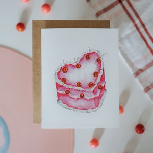 Heart Shaped Cherry Cake Valentine Card, Galentine, Galentines Day, Valentine, Valentine's Day, Greeting Card, Paper image 4