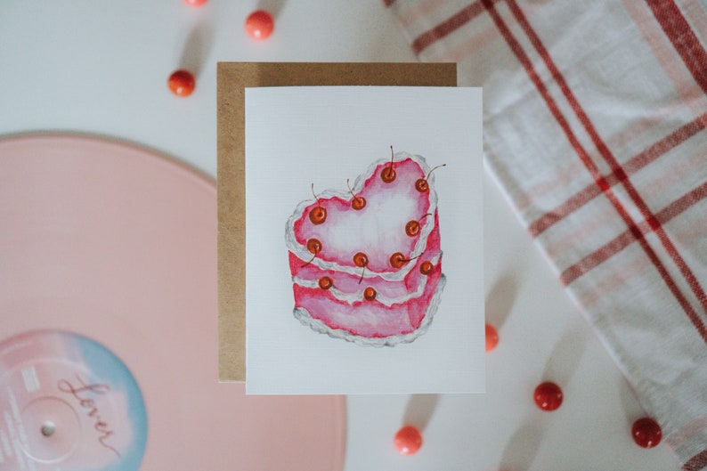 Heart Shaped Cherry Cake Valentine Card, Galentine, Galentines Day, Valentine, Valentine's Day, Greeting Card, Paper image 4