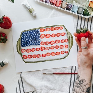American Flag Cake Print, 4th of July Painting, Watercolor Print, Summer Decor, Summer Watercolor, Art Print
