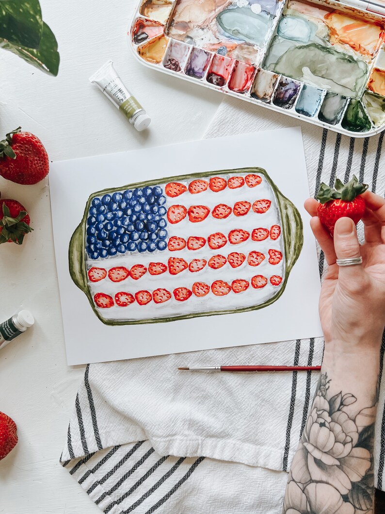 American Flag Cake Print, 4th of July Painting, Watercolor Print, Summer Decor, Summer Watercolor, Art Print image 1