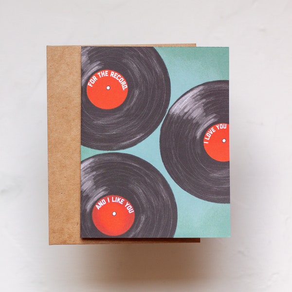 For the Record Card, I love you Card, Vinyl Valentine, Record Greeting Card, Paper, Valentines Card