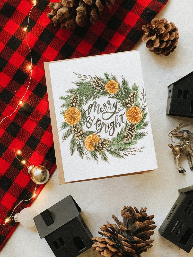 Merry and Bright Card, Christmas Greeting Card, Holiday Card, Holiday Greeting Card, Christmas Wreath, Paper image 1