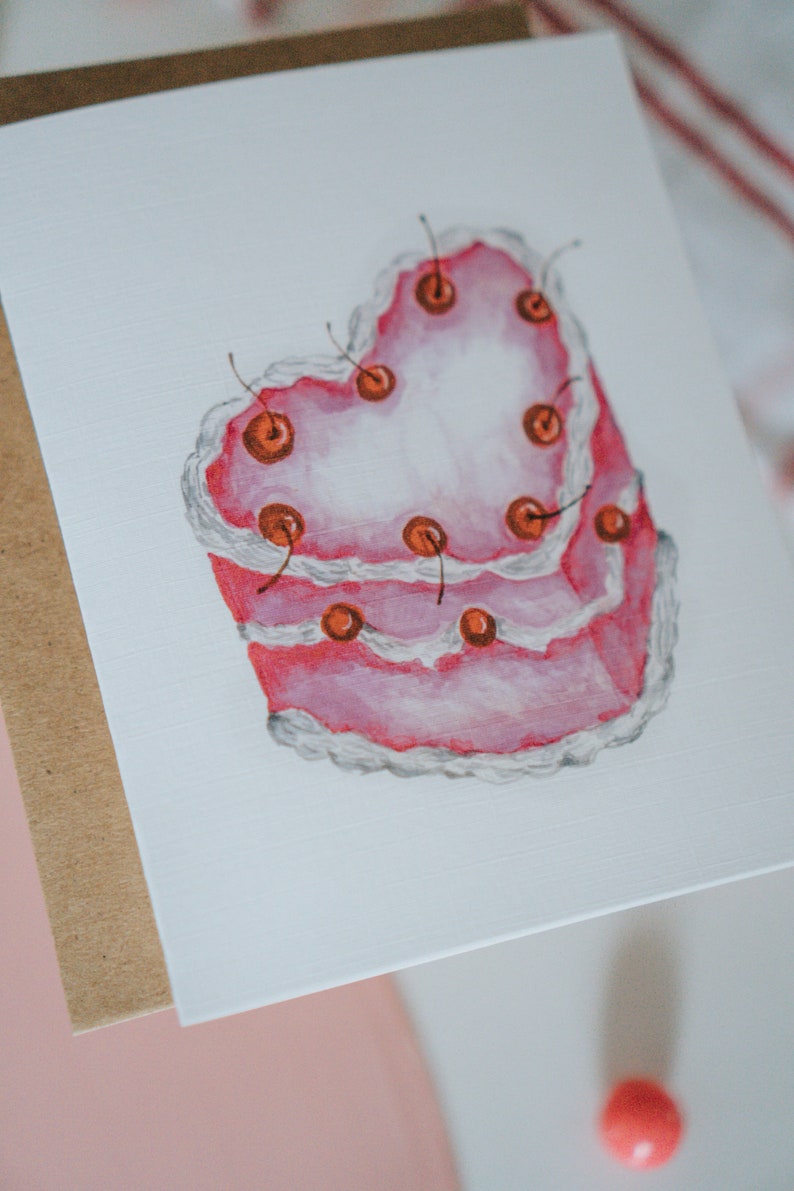 Heart Shaped Cherry Cake Valentine Card, Galentine, Galentines Day, Valentine, Valentine's Day, Greeting Card, Paper image 5