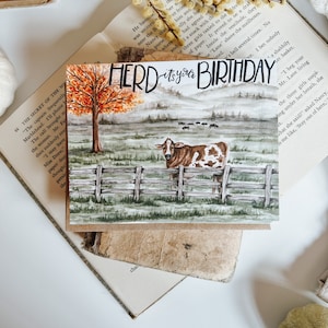 HERD c’est votre carte de vœux d’anniversaire, carte de vœux d’automne, anniversaire d’automne, aquarelle de vache, agriculture d’automne, carte de vœux
