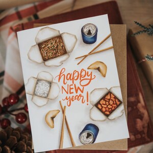 Felice Anno Nuovo Portare fuori biglietto di auguri, Portare fuori cibo, Capodanno, Biglietto di auguri, Vacanza, Biglietto di auguri