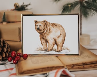 Snowy Brown Bear Watercolor Print