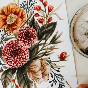 May include: A watercolour painting of a floral bouquet with red, orange, and brown flowers, green leaves, and a gold paintbrush.