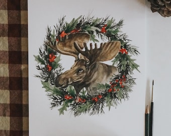 Moose Wreath Watercolor Art Print