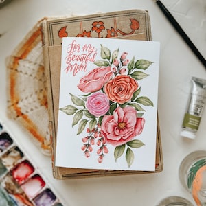 Voor mijn mooie moeder wenskaart, moederdagkaart, moederdag, roze bloemen, wenskaart, papier