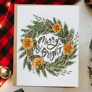 Merry and Bright Card, Christmas Greeting Card, Holiday Card, Holiday Greeting Card, Christmas Wreath, Paper image 2