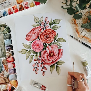 ピンクの花束プリント、花の植物イラスト、花の水彩画プリント、ピンクの花、春の装飾、花のアートプリント