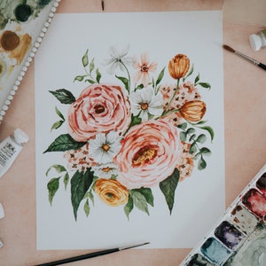 Peony Spring Bouquet Art Print, Spring Flowers, Botanical Watercolor, Peony, Spring Decor, Flower Art Print image 1