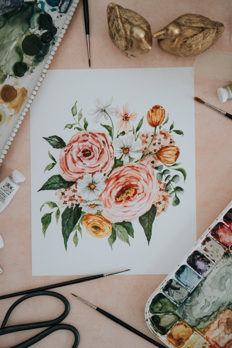 Peony Spring Bouquet Art Print, Spring Flowers, Botanical Watercolor, Peony, Spring Decor, Flower Art Print image 1