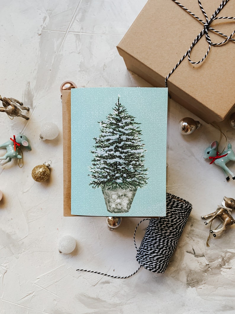 Snowy Tree in a Bucket Holiday Card, Christmas Greeting card, Holiday Card, Christmas Tree, Holiday Greeting Card image 5