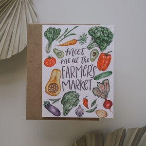 Wenskaart boerenmarkt, illustratie boerenmarkt, groenteaquarel, kaart voor alledag, wenskaarten, papier
