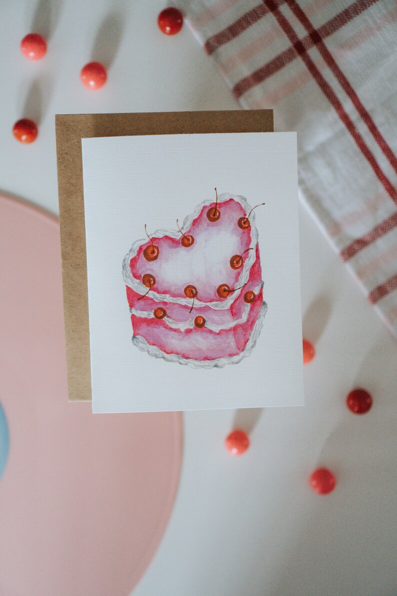 Heart Shaped Cherry Cake Valentine Card, Galentine, Galentines Day, Valentine, Valentine's Day, Greeting Card, Paper image 6