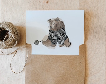 Sweater Bear Card for Yarn Lovers, Yarn Addict, Cards for Knitters, Yarn Lovers Greeting card, Sweater Bear