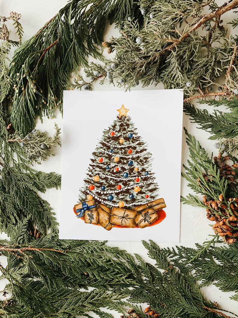 Classic Christmas Tree Watercolor, Rustic Christmas, Vintage Christmas, Christmas Decor, Festive Decor, Holiday Decor, Art Print image 4