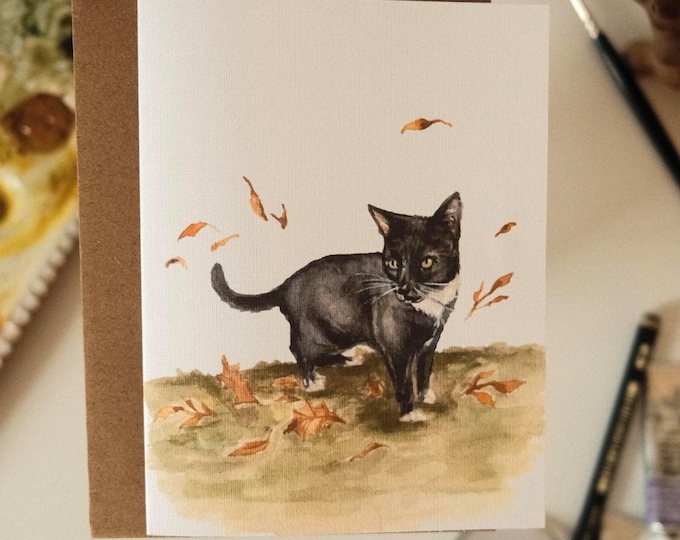 Featured listing image: Black Cat Fall Leaves Greeting Card