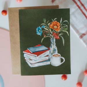 Libros Tarjeta Café y Flores, Tarjeta De Felicitación Bookish, Book Lovers, Bookish Stationary, Arte Literario, Tarjeta de Felicitación, Papel