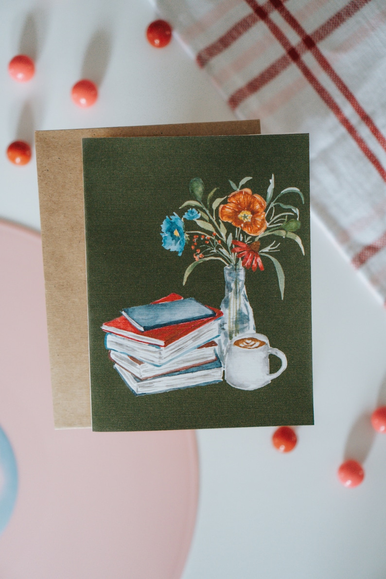 Books Coffee and Flowers Card, Bookish Greeting Card, Book Lovers, Bookish Stationary, Literary Art, Greeting Card, Paper image 1