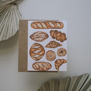 Kaart met zuurdesembrood, Bakkerijwenskaart, Broodillustratie, Kaart van alledag, Broodwaterverf, Wenskaarten, Papier