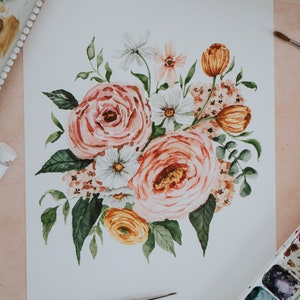 Peony Spring Bouquet Art Print, Spring Flowers, Botanical Watercolor, Peony, Spring Decor, Flower Art Print image 4