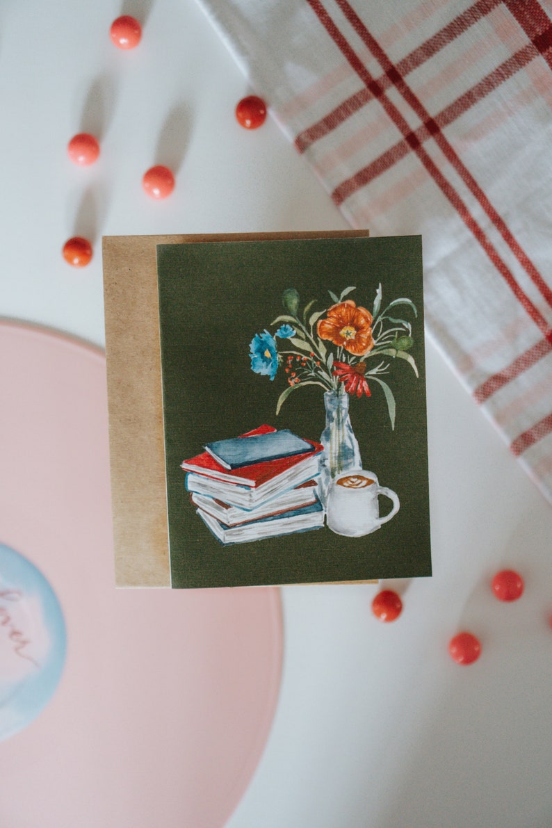 Books Coffee and Flowers Card, Bookish Greeting Card, Book Lovers, Bookish Stationary, Literary Art, Greeting Card, Paper image 5