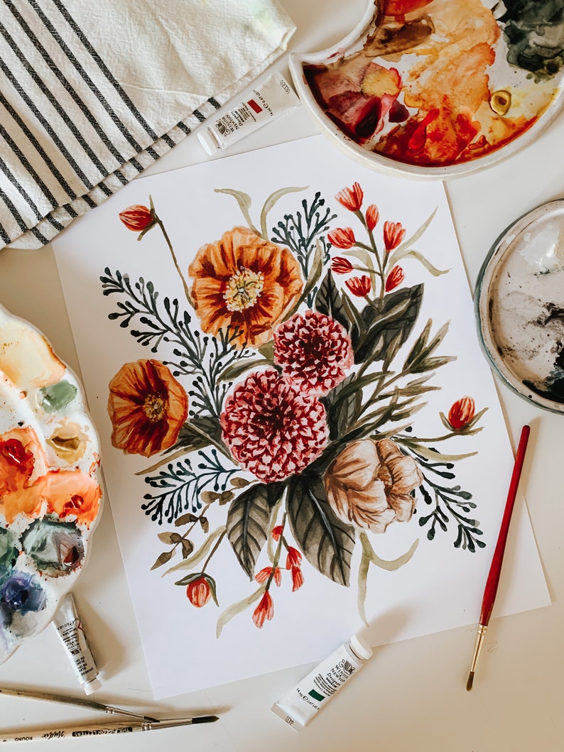 May include: A watercolour painting of a bouquet of flowers in shades of red, orange, and green. The flowers are arranged in a loose, natural style, and the painting is done on a white background.