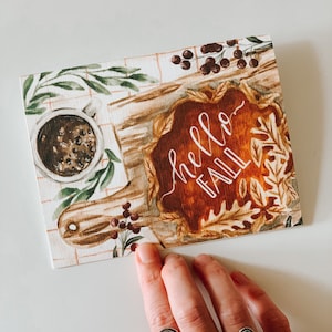 Hola tarjeta de felicitación de otoño, tarjeta de felicitación de otoño, hola otoño, tarjeta de otoño, pastel de calabaza, tarjeta de felicitación, otoño, calabazas