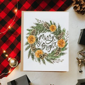 Merry and Bright Card, Christmas Greeting Card, Holiday Card, Holiday Greeting Card, Christmas Wreath, Paper image 4