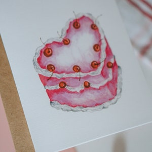 Heart Shaped Cherry Cake Valentine Card, Galentine, Galentines Day, Valentine, Valentine's Day, Greeting Card, Paper image 7