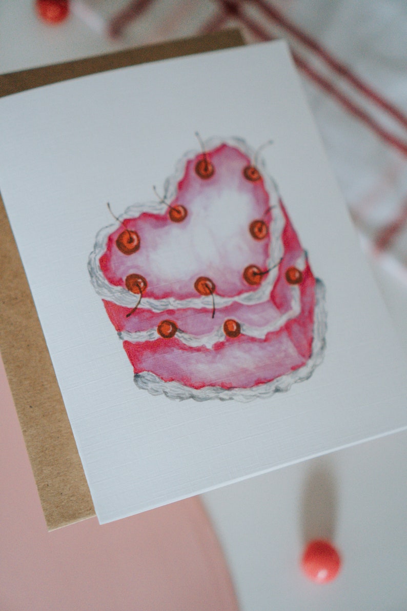 Heart Shaped Cherry Cake Valentine Card, Galentine, Galentines Day, Valentine, Valentine's Day, Greeting Card, Paper image 7