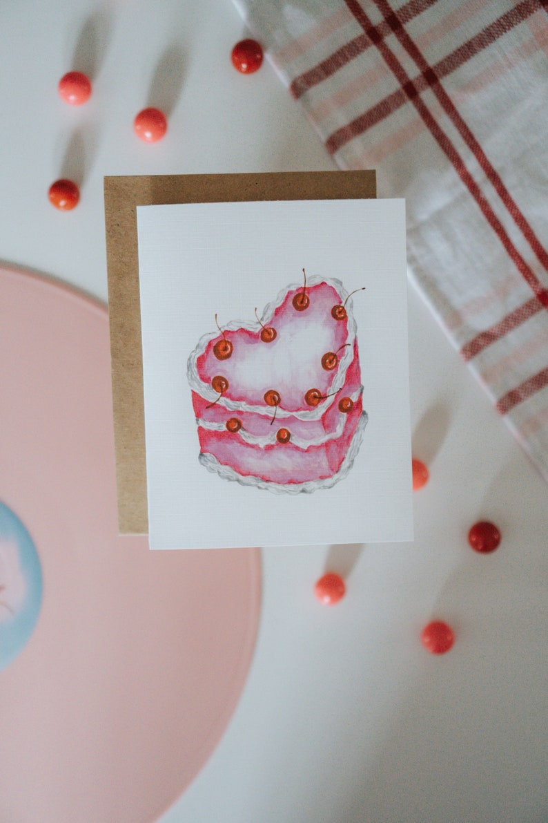 Heart Shaped Cherry Cake Valentine Card, Galentine, Galentines Day, Valentine, Valentine's Day, Greeting Card, Paper image 3