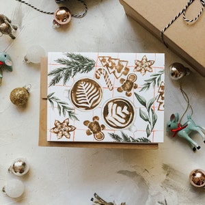 Galletas de Navidad y Lattes Tarjeta de Felicitación, Café de Navidad, Café de Vacaciones, Galletas de Navidad, Tarjeta de Felicitación de Navidad