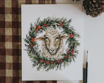 Sheep Wreath Watercolor Art Print