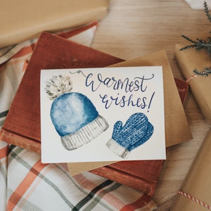 Cálidos deseos Tarjeta de sombrero y mitones, acuarela de invierno, nieve, vacaciones, tarjeta de felicitación