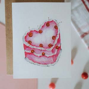 Heart Shaped Cherry Cake Valentine Card, Galentine, Galentines Day, Valentine, Valentine's Day, Greeting Card, Paper image 2