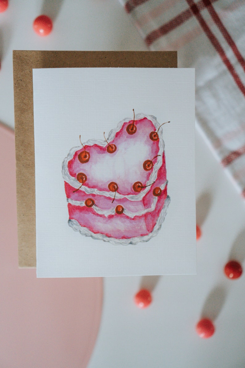 Heart Shaped Cherry Cake Valentine Card, Galentine, Galentines Day, Valentine, Valentine's Day, Greeting Card, Paper image 2
