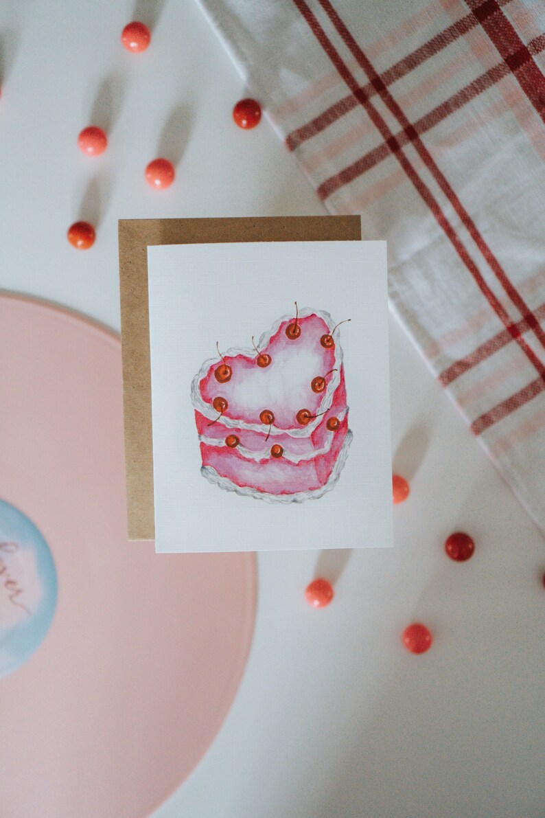 Heart Shaped Cherry Cake Valentine Card, Galentine, Galentines Day, Valentine, Valentine's Day, Greeting Card, Paper image 1