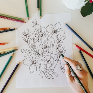 印刷可能な花束の塗り絵シート、花の印刷可能なカラーシート、植物の塗り絵、子供の塗り絵