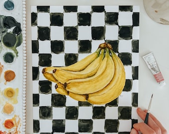 Checkerboard Banana Watercolor Art Print