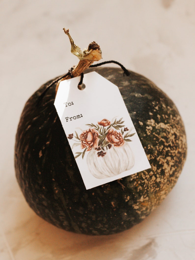 May include: A green gourd with a brown stem and a white gift tag attached. The tag has a watercolor illustration of a white pumpkin with pink and orange flowers and the words "To:" and "From:" printed on it.