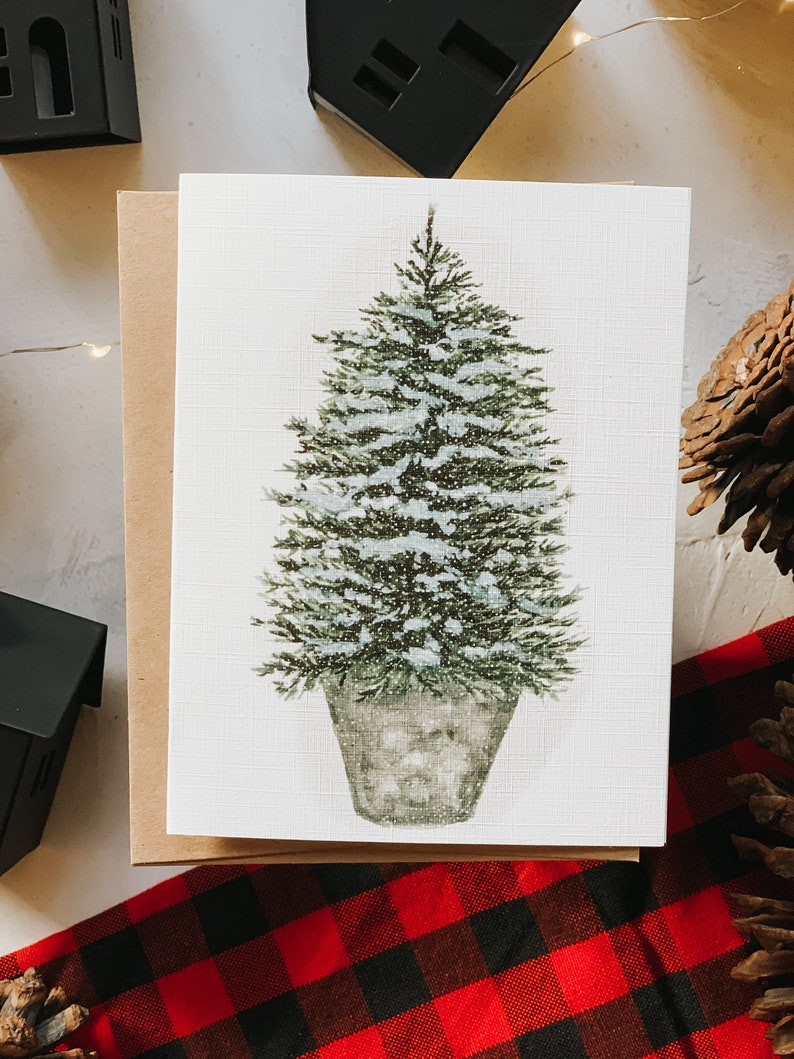 Snowy Tree in a Bucket Holiday Card, Christmas Greeting card, Holiday Card, Christmas Tree, Holiday Greeting Card image 2